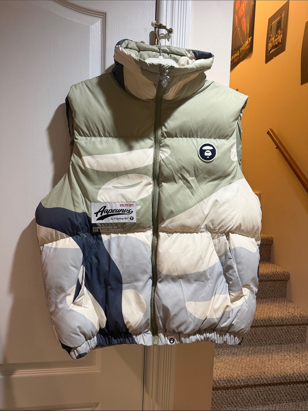Men’s Large Puffer Vest by Bathing Aape in Olive Green & Cream